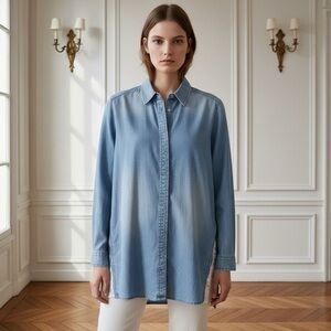 Chico’s Tencel Lyocell Blue V-Neck Button Front Blouse size 3